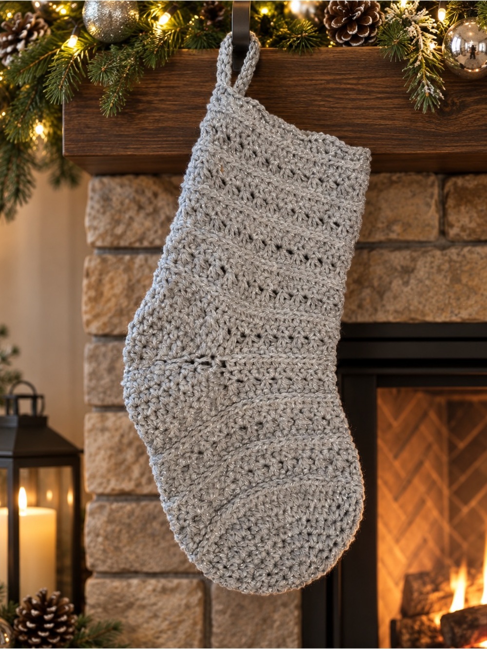 Handmade Gray Silver Sparkle Crochet Christmas Stocking Holiday Decor
